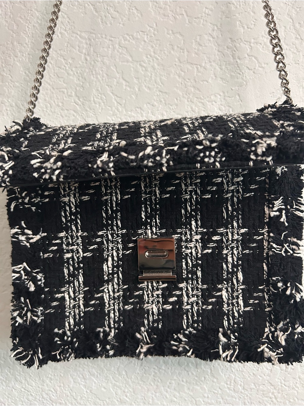 Black and White Tweed Chain-Shoulder Bag with Silver Hardware
